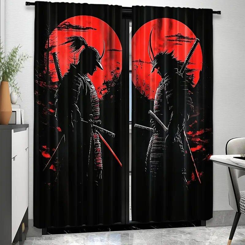 Set Of 2 Japanese Samurai Ink Paintings Print Curtains Pole Bag Home Decoration Room Curtain Polyester