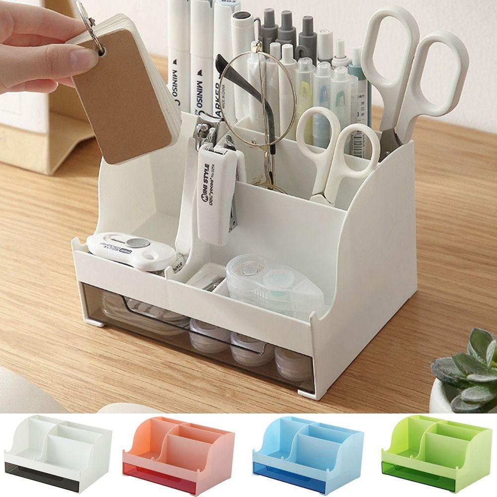 

4-цветная коробка для хранения карандашей, пластиковый держатель для ручек с ящиком, креативный настольный органайзер, косметический