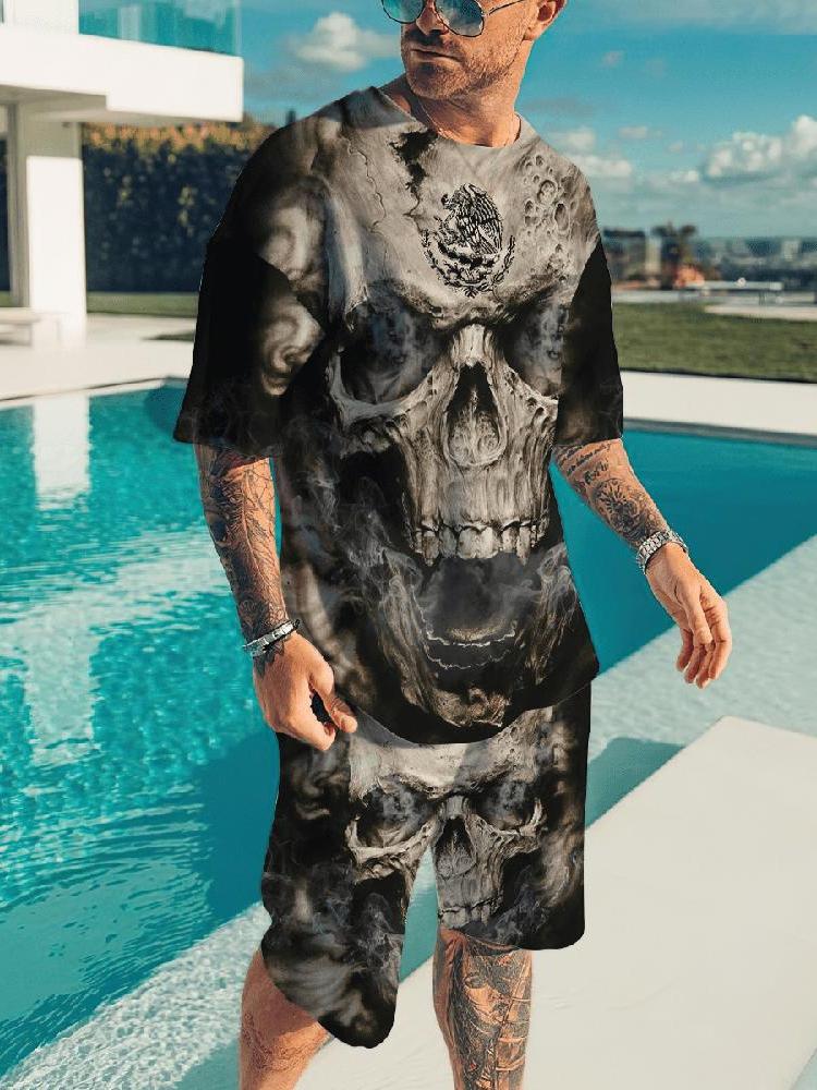 Summer Men's 2-Piece Short Sleeve Shorts 3D Print Skeleton Pattern Sportswear Casual Oversized Top Shorts Men Sets