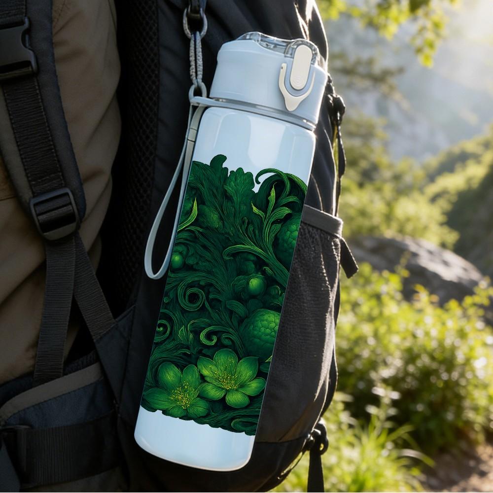 1PC Dark Green Tropical Leaf Cluster Print 750ml Color Plastic Sports Water Bottle Leakproof Flip Straw Lid Suitable for Sports Office Home Use