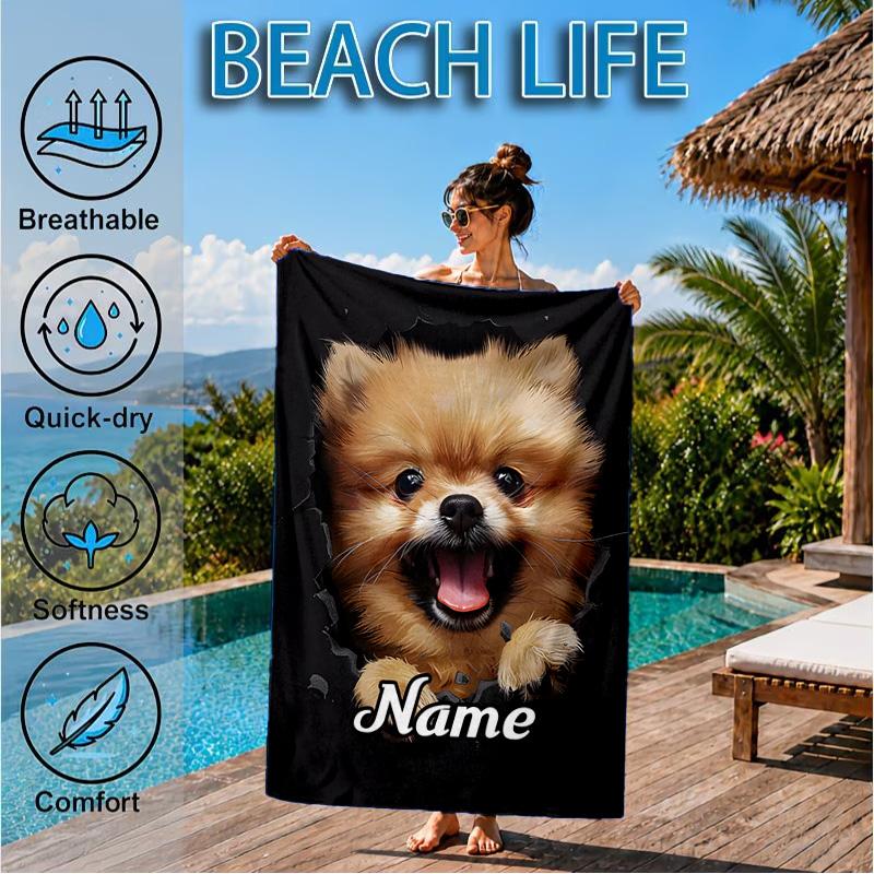 Custom Name Pomeranian through hole. Beach Towel Microfiber Beach Towel, Lightweight and Quick-Dry, for Summer Travel, Swimming Pool Gift