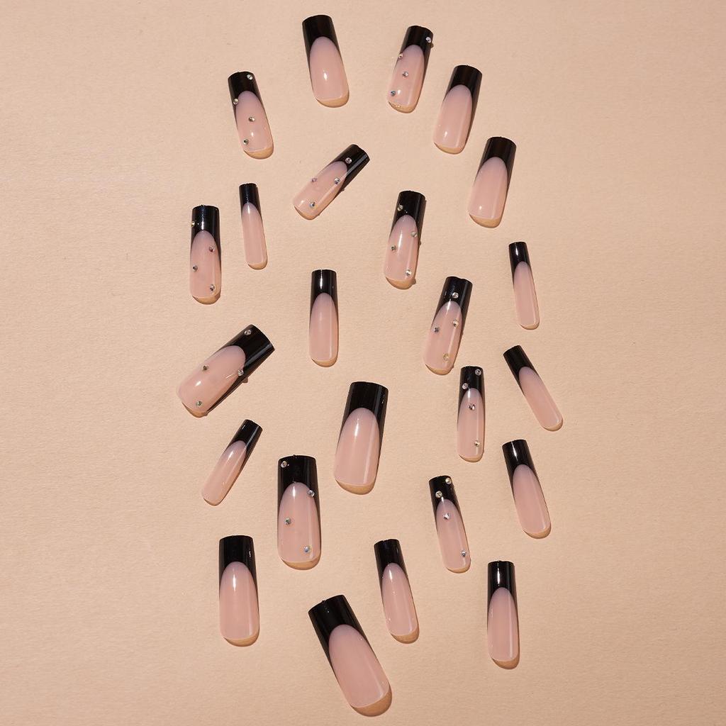 Extra Long Wearable Black French Tip Nails with Rhinestones and Stickers