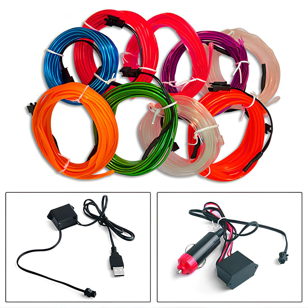 1M 2M 3M 5M Car Interior Lighting Auto LED Strip Wire Rope Tube Line Flexible Neon Light With 12V USB Cigarette Drive