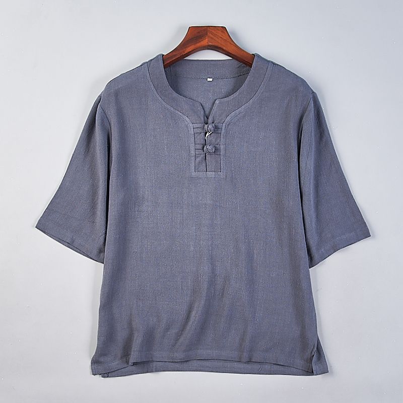 

113 Качественная хлопково-льняная рубашка в стиле ретро, с текстурой новой китайской живописи, мужская и женская 79589, пуловер, застежка-лягушка, с коротким рукавом, летний топ 1 Dark Gray M