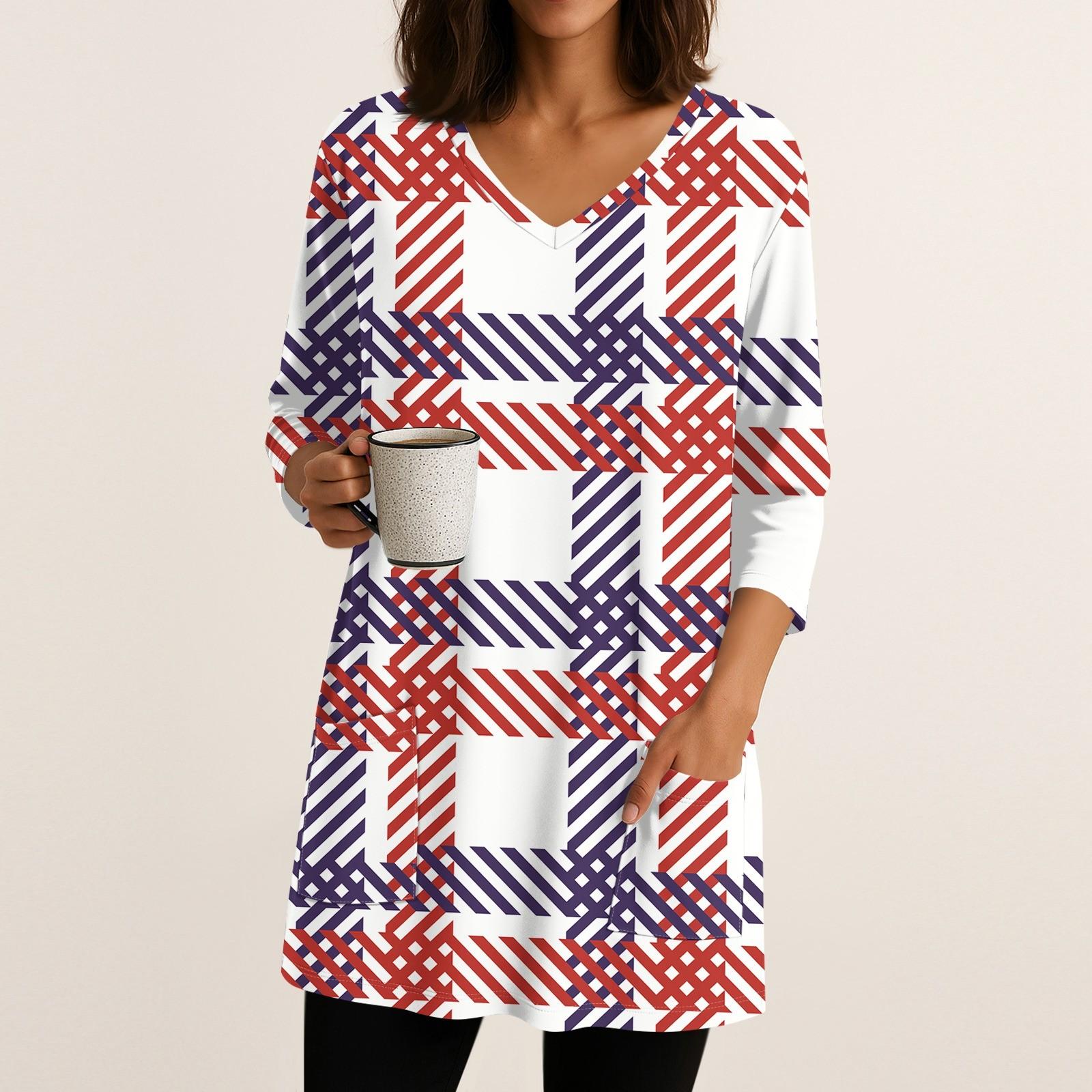 

Женские топы с V-образным вырезом и рукавом 3/4 Блузки Повседневные рубашки средней длины Модные принты Туники Топы с карманами XXL винный