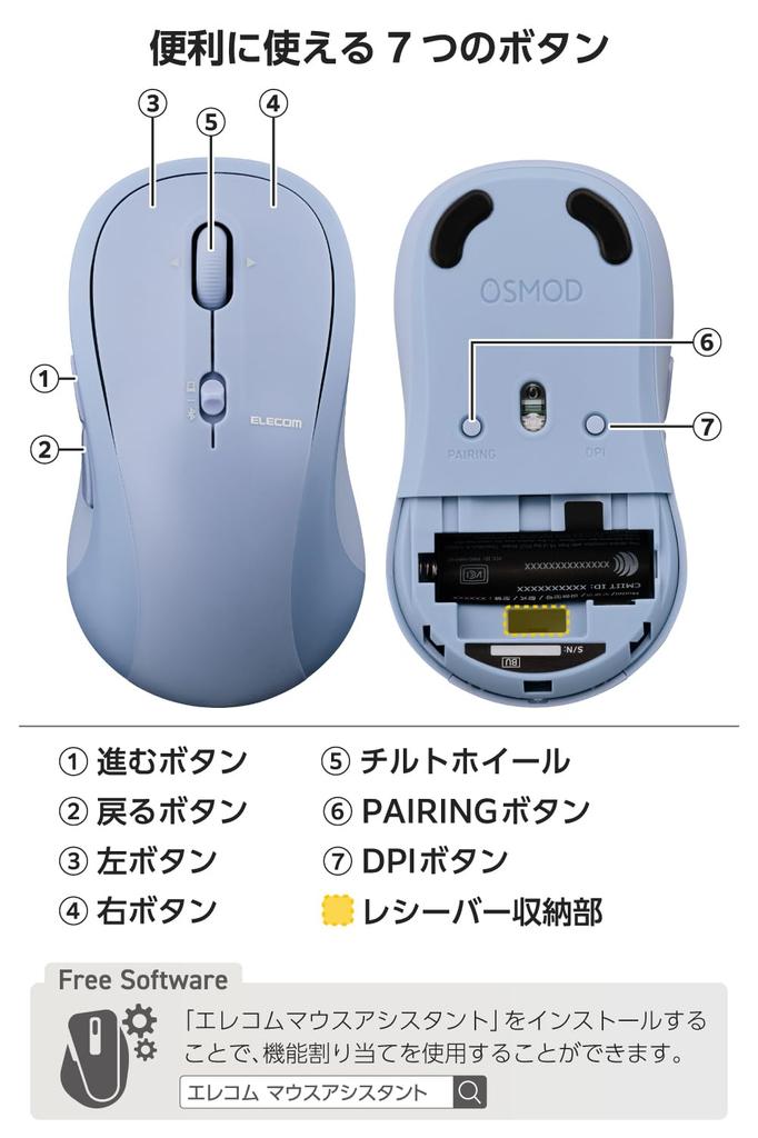 ELECOM OSMOD Seven 7 Wireless Bluetooth to 2 7 Tilt Blue Mouse, Quiet, 2.4GHz, Multi-Pairing (Up Devices), Buttons, Wheel, Large, (M-MY40MBSBU-G)