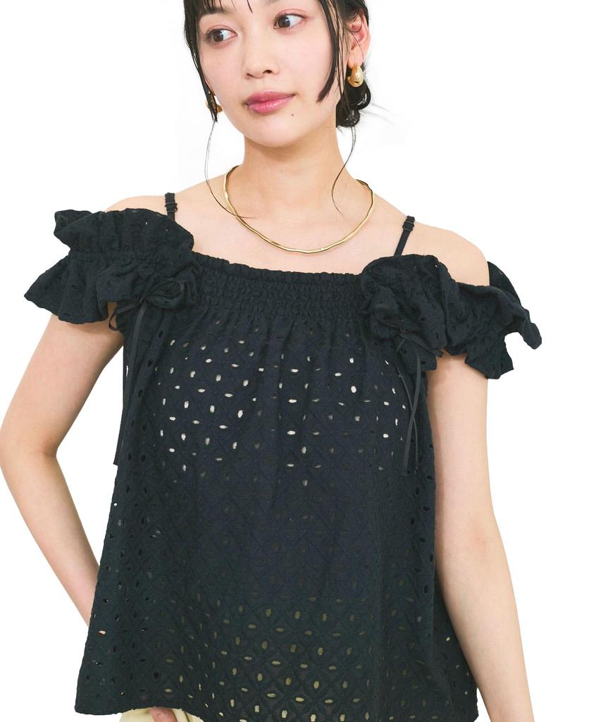 Embroidered Lace Shoulder Black [BIS] 2-Way Blouse, Women's, (01)