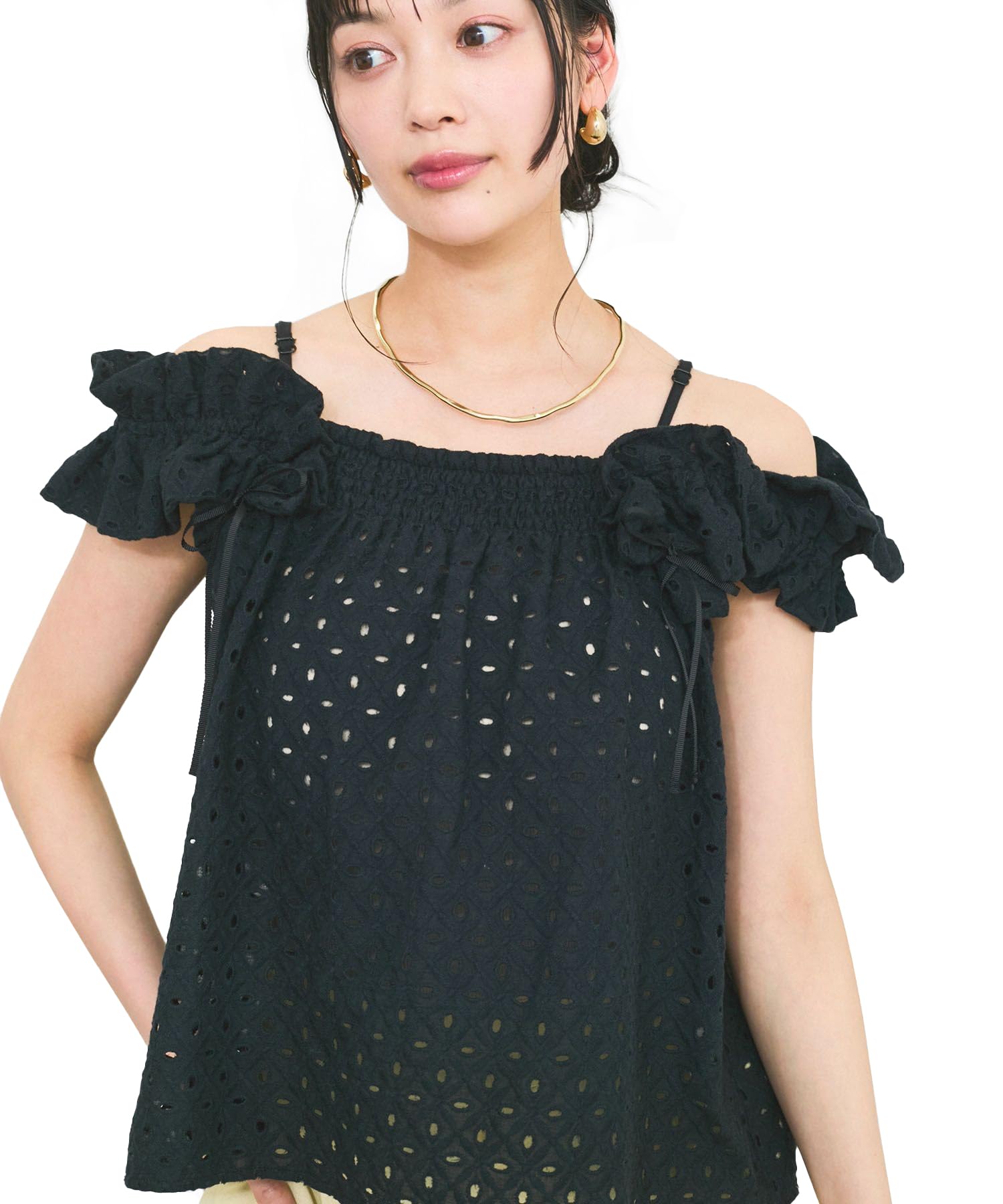 

Embroidered Lace Shoulder Black [BIS] 2-Way Blouse, Women s, (01)