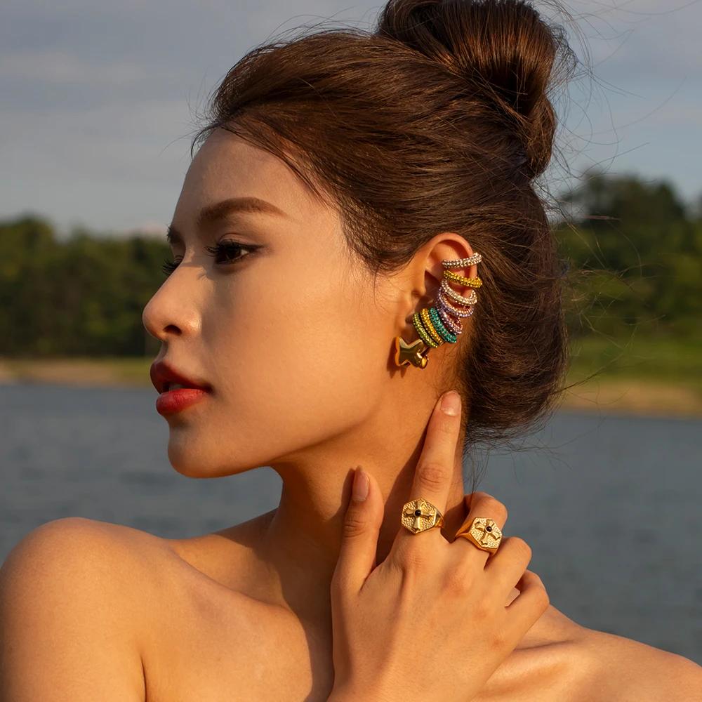 Youthway Striking Color Rhinestones C-Ring Ear Clips Round Circle Clip Women's Personalized Shiny Stainless Steel Jewelry
