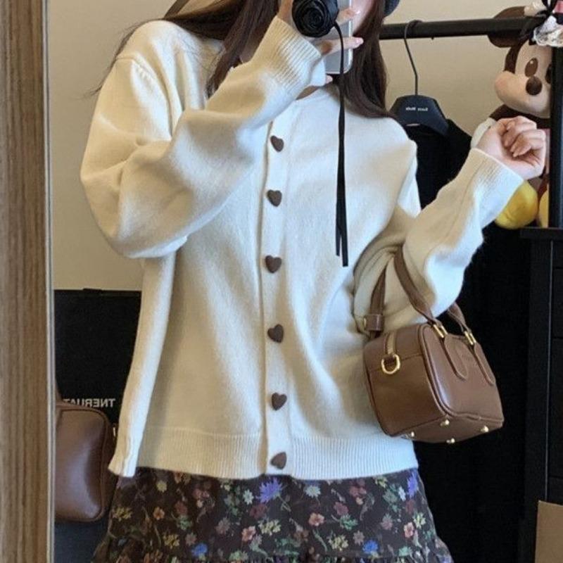 Lazy Knitted Cardigan Spring and Autumn Sweater New Loose and Thin Love Button Long Sleeve Jacket Top Women