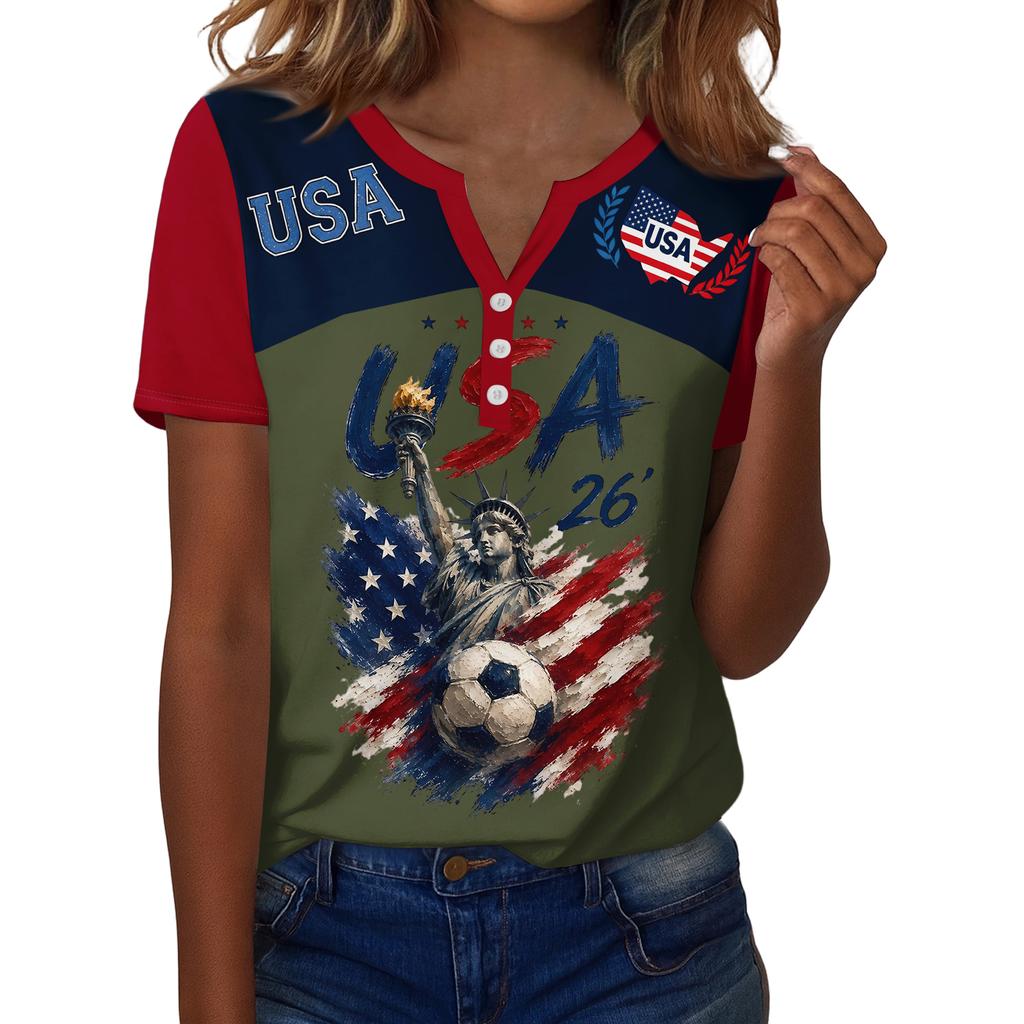 Women's Casual V-Neck Short Sleeve Button Down T-Shirt with Soccer Graphic Print
