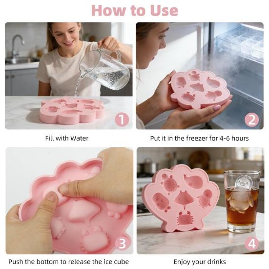 Ocean Animal Silicone Ice Cube Tray with Lid 6-Cavity Food-Grade Mold for Whale Turtle Penguin Shapes Easy-Release Fun Cocktail Whiskey Ice Maker for