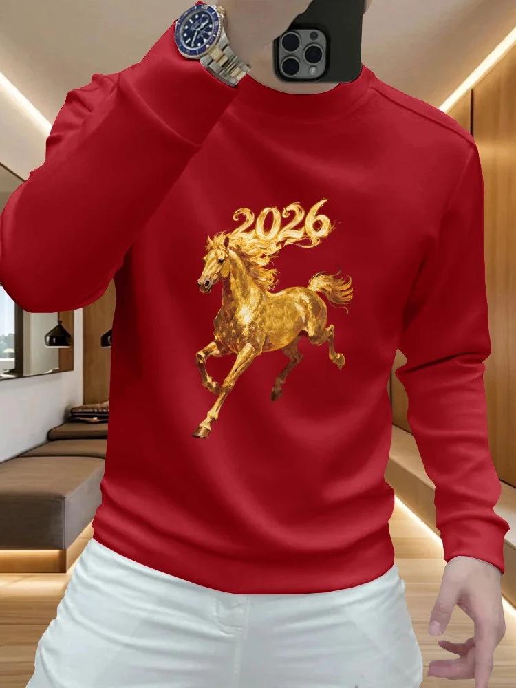 Autumn Trendy Men's Round Neck Hoodie - Golden Horse Print, Versatile Long Sleeve Casual Wear.