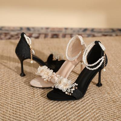 Sommer Neue Stil Perle Schnalle High Heel Sandalen Plus Größe und Breite Blume Flach Mund frauen Schuhe Fee Stil