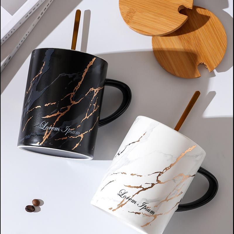 Nordic Ceramic Cup with Lid Spoon Marble Textured Large Capacity Mug Creative Personality Ins Office Water Cup