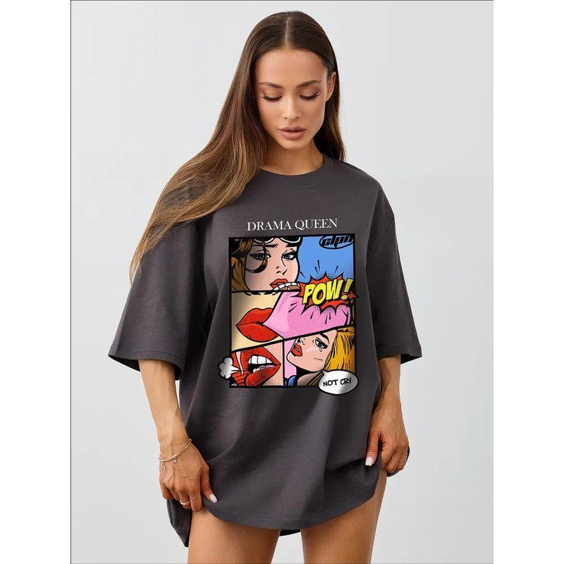 Western Style New Fashion Casual Loose round Neck Print Cotton T-shirt Top Loose Printed T-shirt