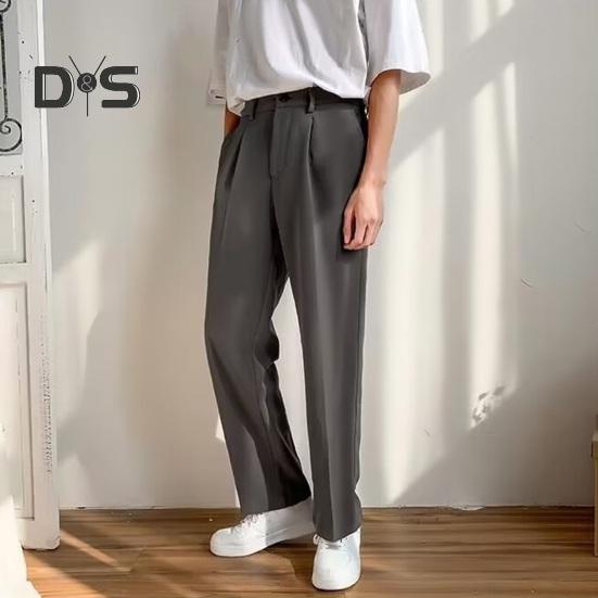 Men Suit Pants Wide Leg Loose Straight Elastic Waistband Formal Business Style Side Pockets Button Zipper Closure Solid Color Office Trousers