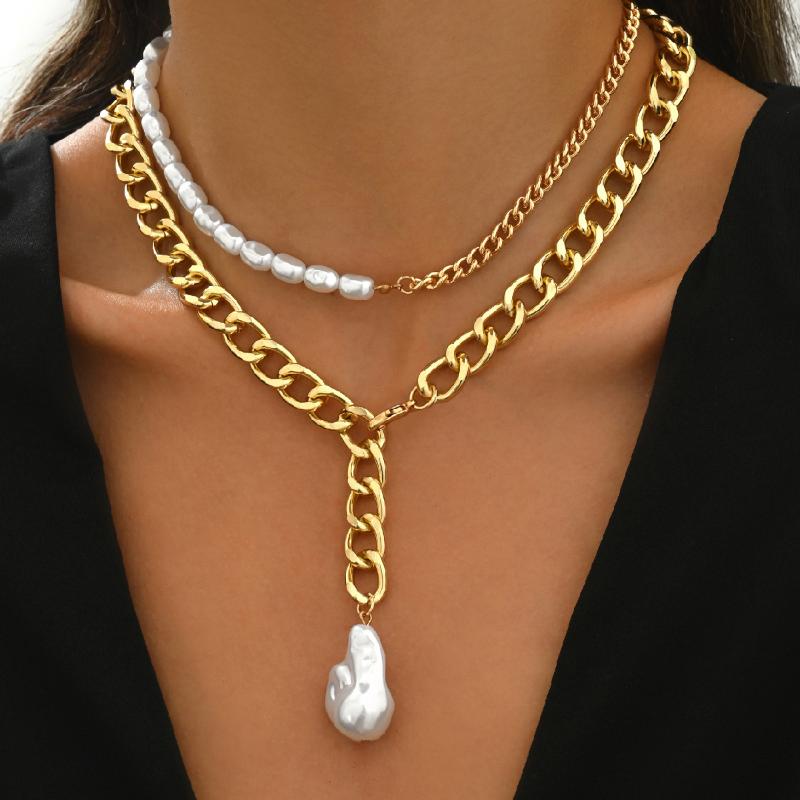 Vintage Layered Pearl Necklace For Women Gold Plated Multi Layer Chain Choker With Heart Lock Pendant For Party Daily Jewelry
