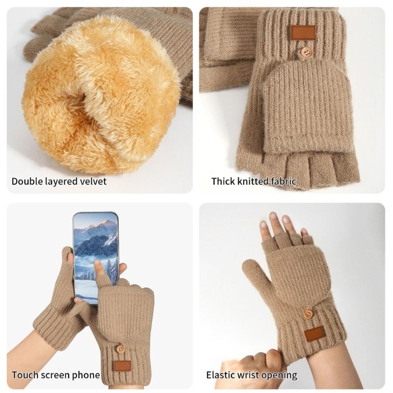 Women Half Finger Winter Gloves Thickened  Insulated Windproof Knit Design With Double Fleece Lining For Cold Weather