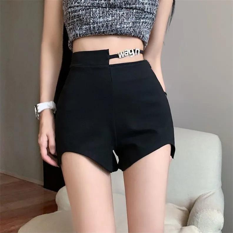 Spicy Girl High-Waist Lace-Up Black Shorts - Women's Summer Casual Slim Straight-Leg Hot Pants