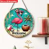 2D flat 20*20cm 1pc Welcome Beautiful Pink Flamingo&Coconut pattern Round Wooden Hanging Sign, tropical Beach style Welcome Art plaque, Suitable