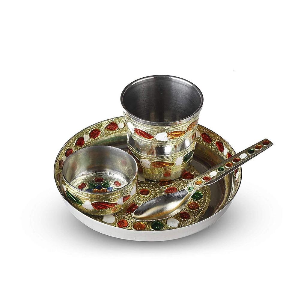 Rolimoli Steel bhog thali Set of 4 pcs for laddu gogal bhog thali with Glass Bowl and Spoon Stainless Steel
