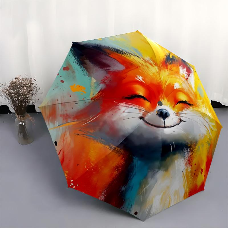 1pc Fox Artwork Automatic Folding Umbrella - 8-Rib Compact Travel Umbrella Durable & Portable for Outdoor Use, Perfect Gift for Birthdays084