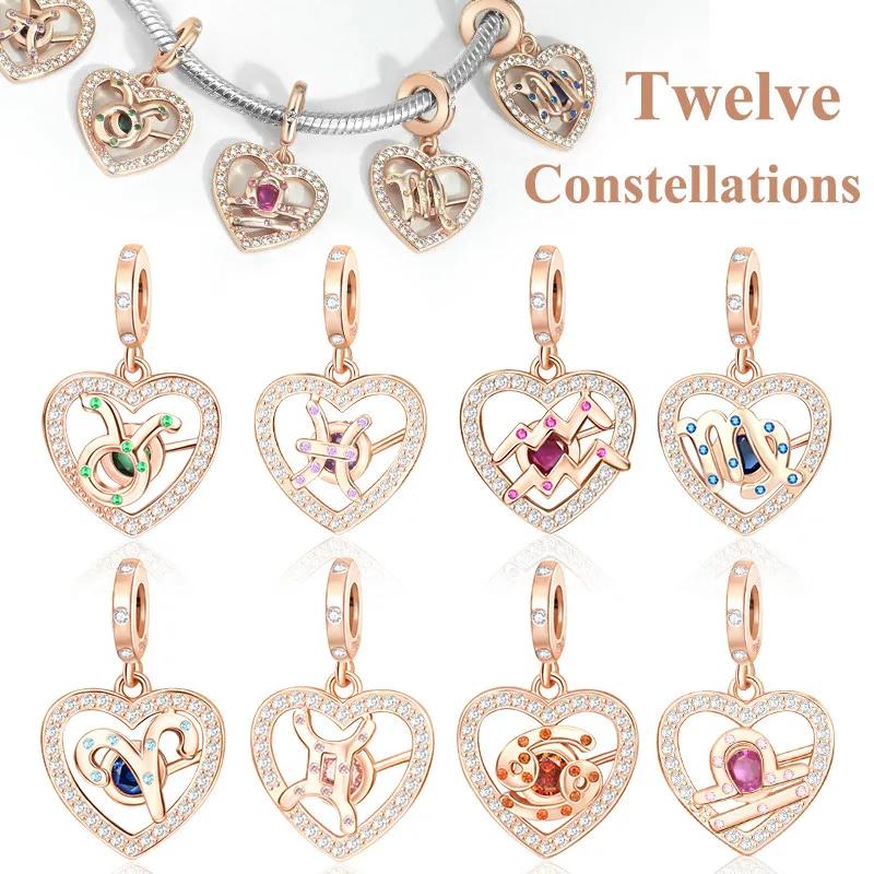 copper Twelve Constellations Heart Charm Bead Charms Bead Gemini Capricorn for Authentic Bracelets Diy Jewellery Gift for Women