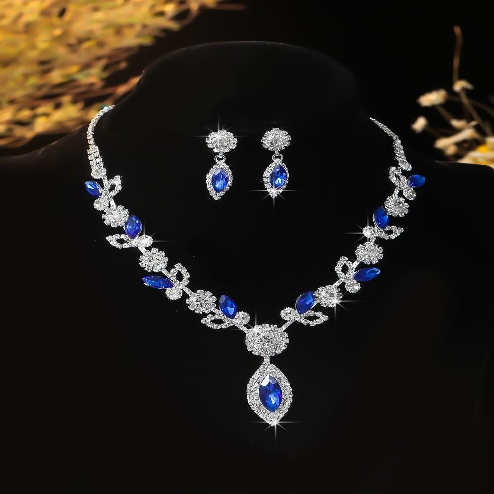 Rhombus Necklace Earrings Three-piece Set Fringed Luxury Rhinestone Jewelry Wedding