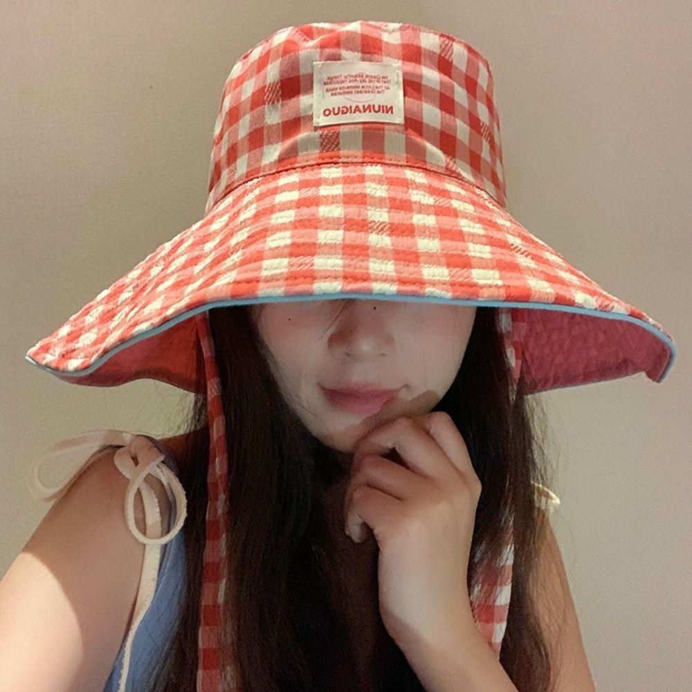 Sun Protection Hiking Fisherman Hat Big Brim Plaid Hiking Cap Breathable Drawstring Sun Hat  Summer