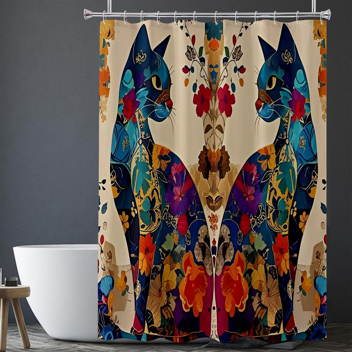 

Artistic Cat Shower Curtain - Vibrant Floral & Symmetry Design For Bathroom Decor, Adds Whimsical Charm And Colorful Beauty W60H190(CM)-1 Pcs