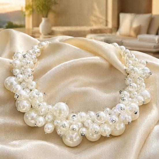 Vintage Faux Pearl Necklace 1 Set Chunky Jewelry, Beaded Choker And V-neck Accessory Earrings, Metallic for Women Dinner Parties Wedding Statement