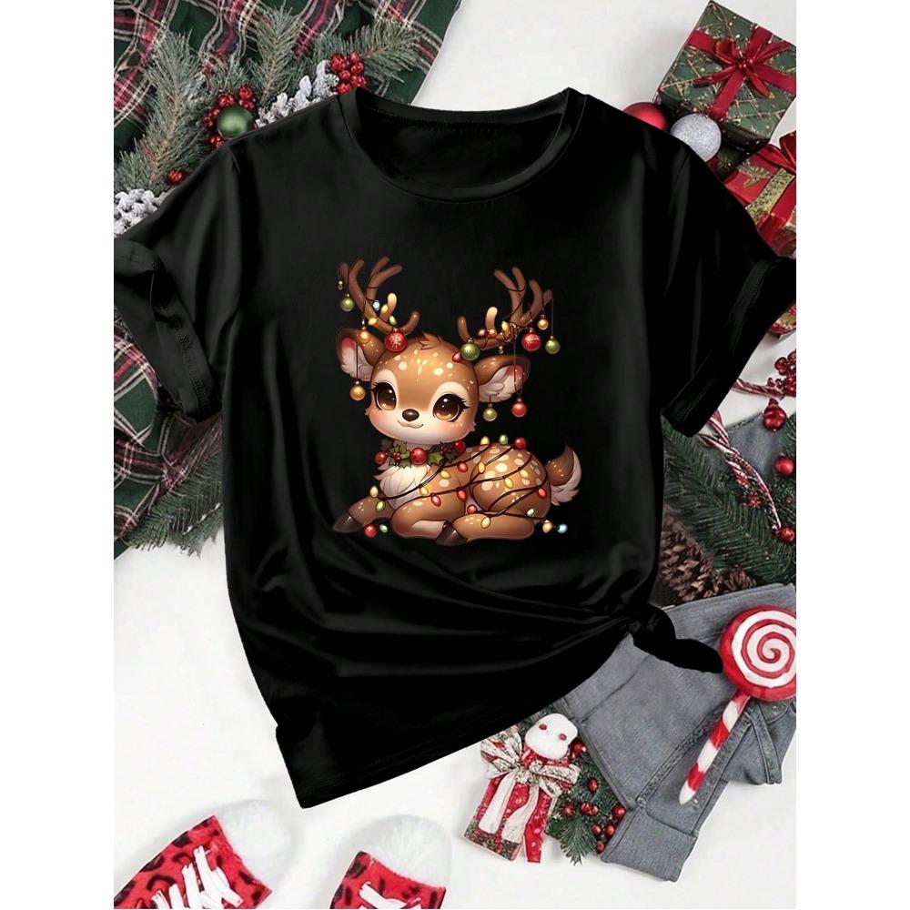 Cute Christmas Reindeer Print Women's T-shirt Cartoon Casual Short Sleeved Round Neck Women's Red T-shirt Women Y2k T-shirt Women