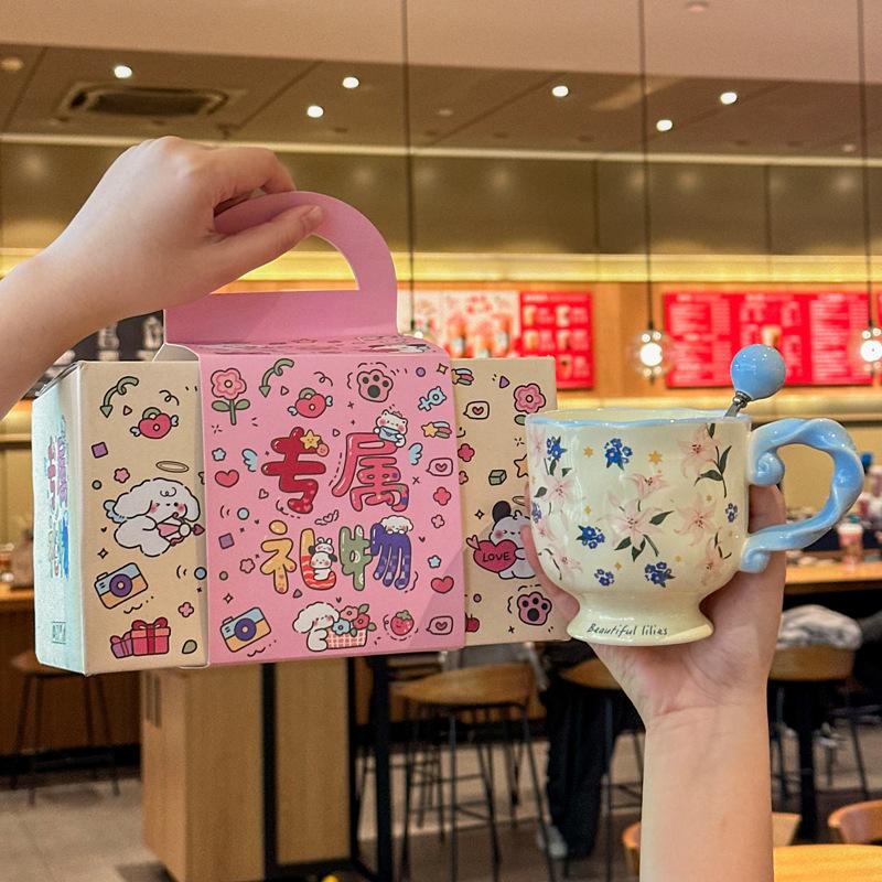 Exquisite Flower Goblet High End Ceramic Mug for Girls Birthday Gifts Best Friend Souvenir Gift Box