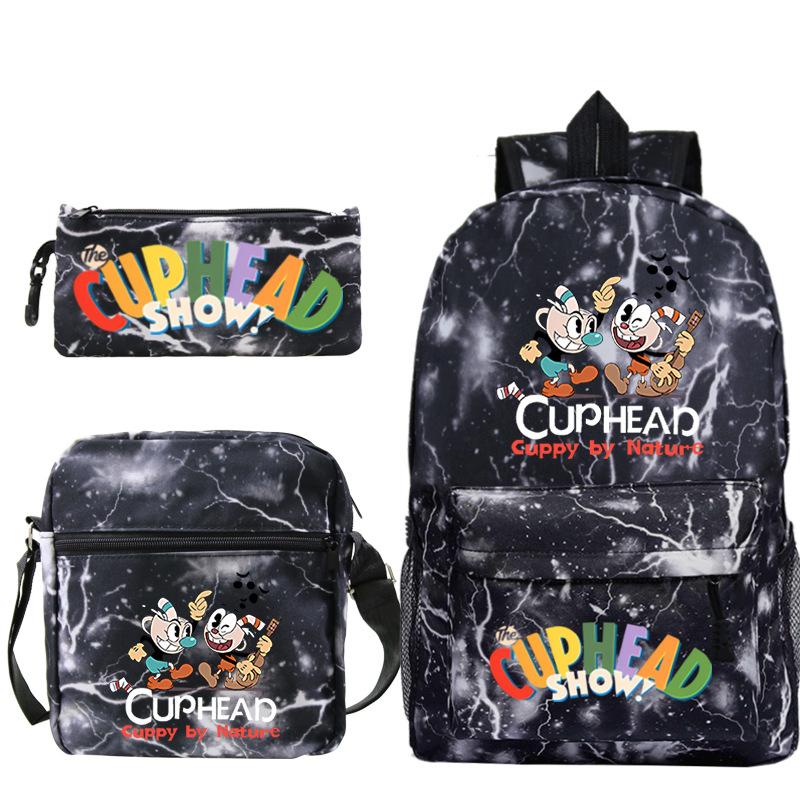 Cartoon Teacup Head Cuphead Student Backpack Oblique Span Bag Pencil Bag Primary And Secondary School Students Children'S Schoolbag Three-Piece Set