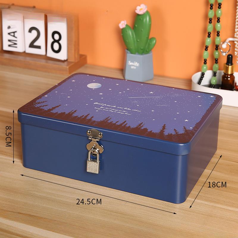 Iron Box with Lock and Key Desktop Storage Box Retro Tinplate Cosmetics ID Storage Household Jewelry Storage Empty Box