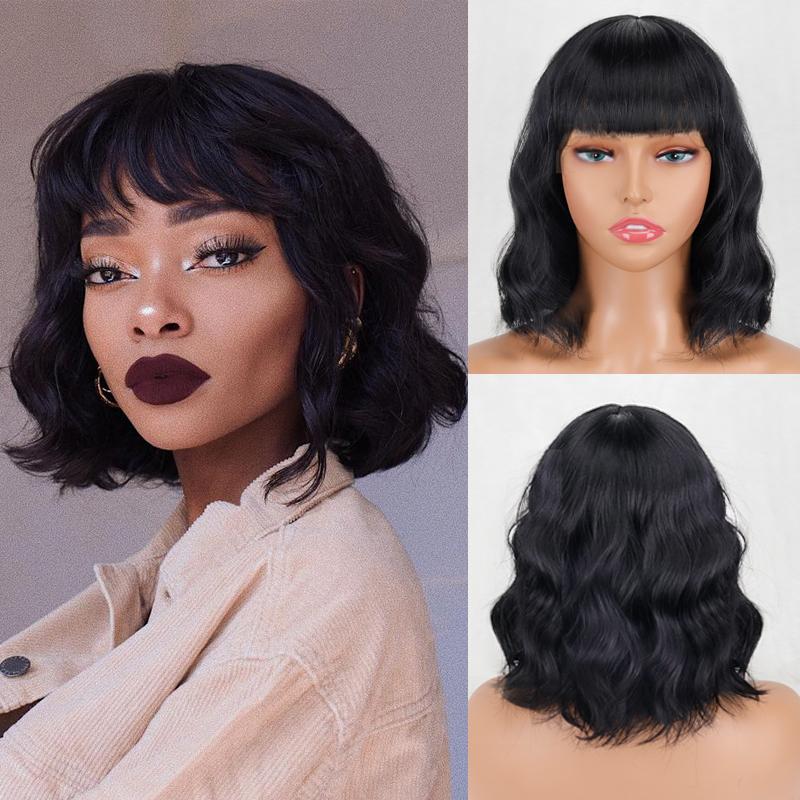 MERISIHAIR Women Short Bob Natural Wavy Pink Wig with Bangs Synthetic Fiber Short Water Wave Wig Daily Wear Cosplay