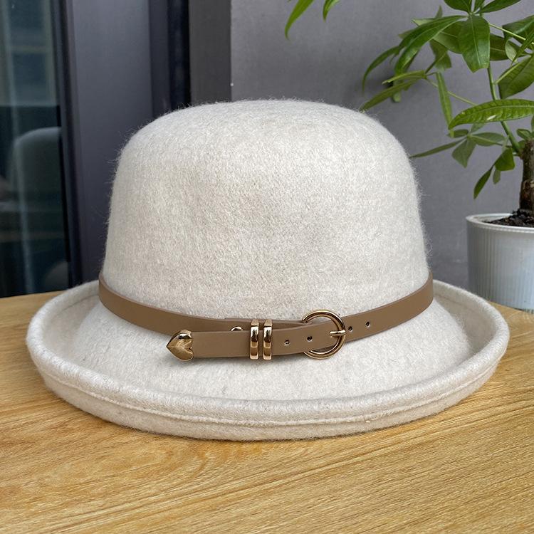 New wool hemming belt buckle dome bucket hat women's autumn and winter versatile British top hat tide