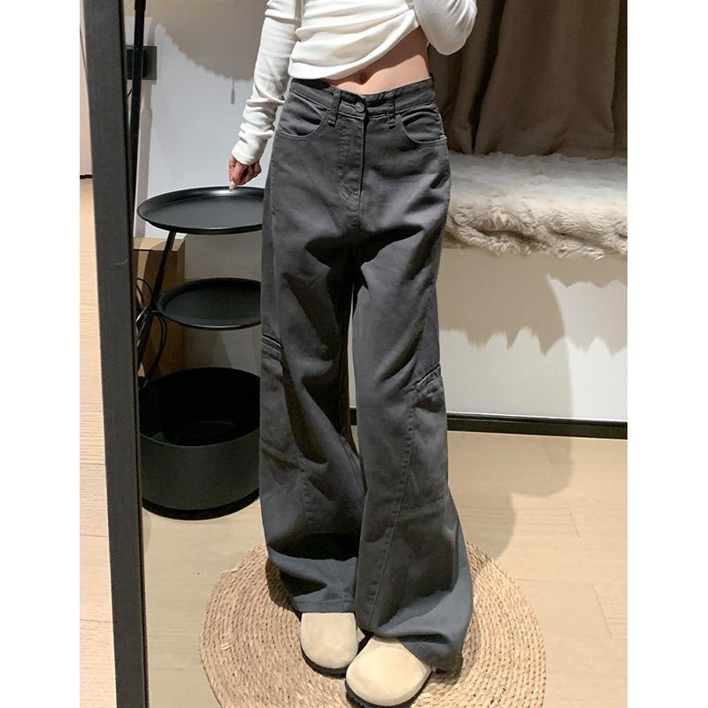 Womens High Waist Grey Cargo Wide Leg Jeans Casual Loose Streetwear Denim Trousers Y2K Style
