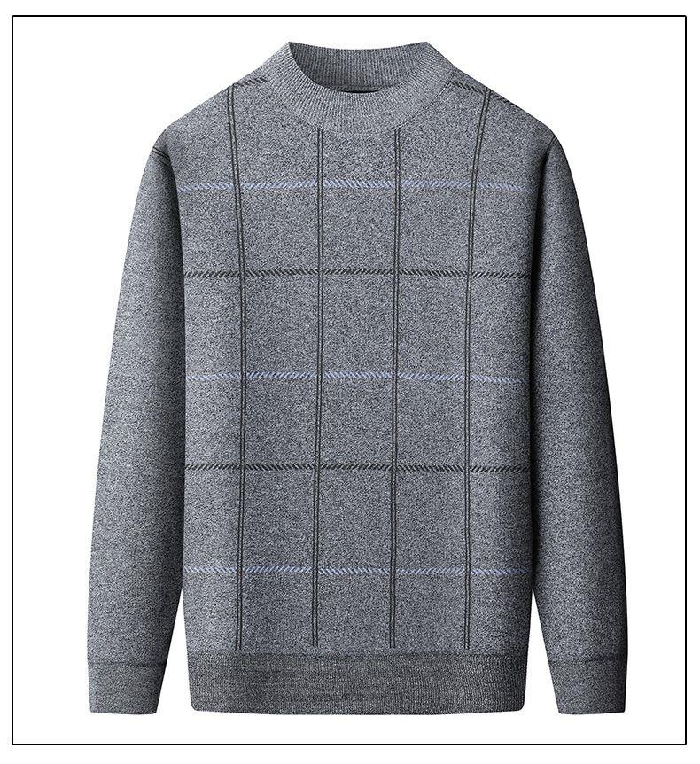 Dad's Warm Plaid Sweater for Middle-Aged & Elderly Men 50s 60s - Plus Velvet, Thick, Round Neck, Autumn & Winter Base Layer.