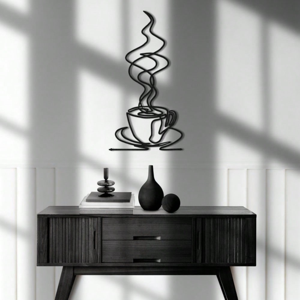 Iron Coffee Cup Decor Minimalist Line Art Mug Gift Hot Beverage Service Kitchen Wall Sign