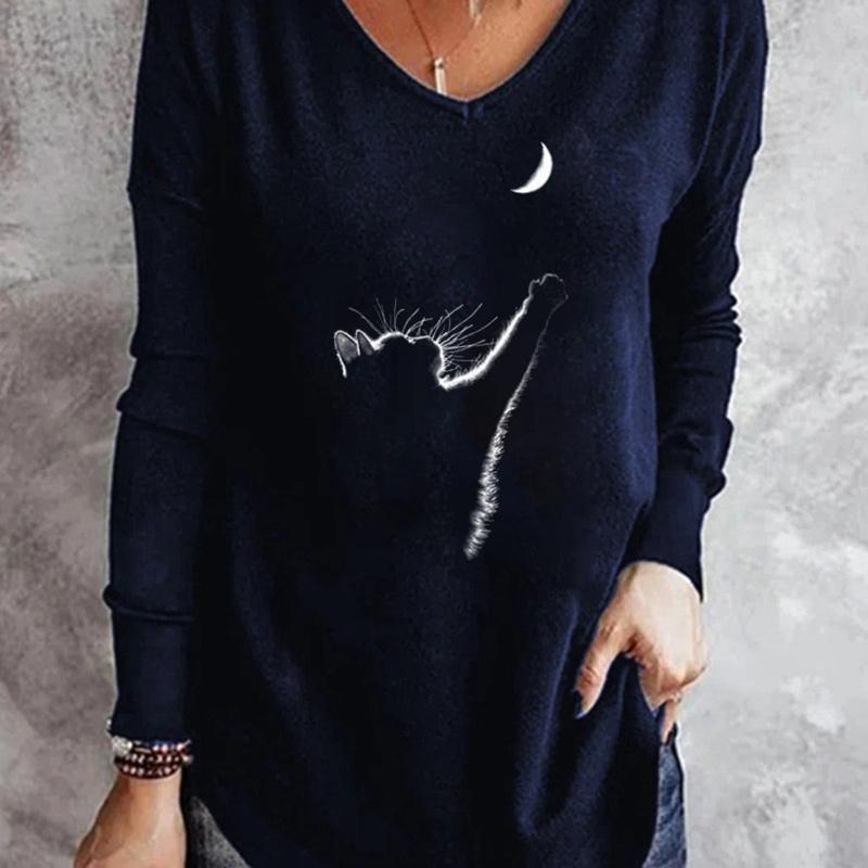 

Футболка с принтом кота больших размеров, винтажные футболки с 3D рисунком, свободный топ с длинными рукавами, женские осенние футболки с v-образным вырезом 2XL