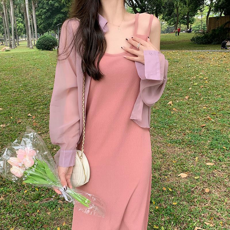 High-end design shoulder strap dress women's new summer loose and slim inner wear over-the-knee vest dress