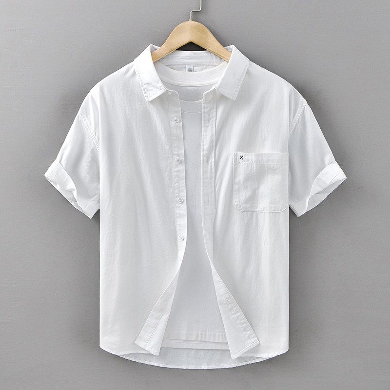 100% Cotton Short-Sleeved Shirt for Men, Japanese Style, Artistic Embroidery, Washed Pure Cotton Casual Shirt, Summer 2025 New Style