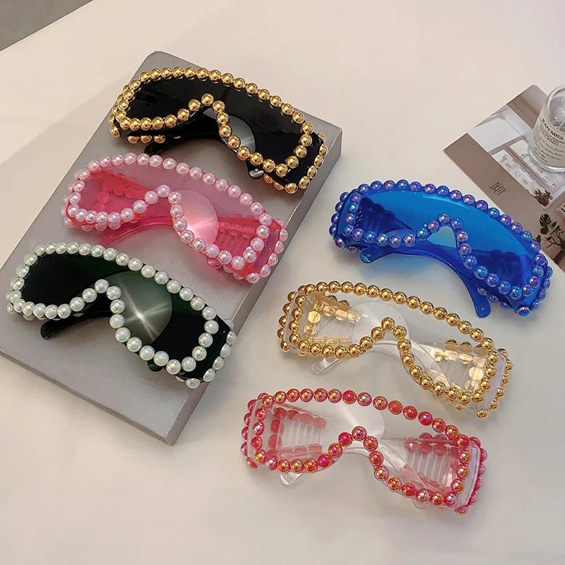 Women Chic Pearls Warp Around Sun Glasses Stylish Candy Color Decor Shades Original Brand Design Travel Holiday Goggle