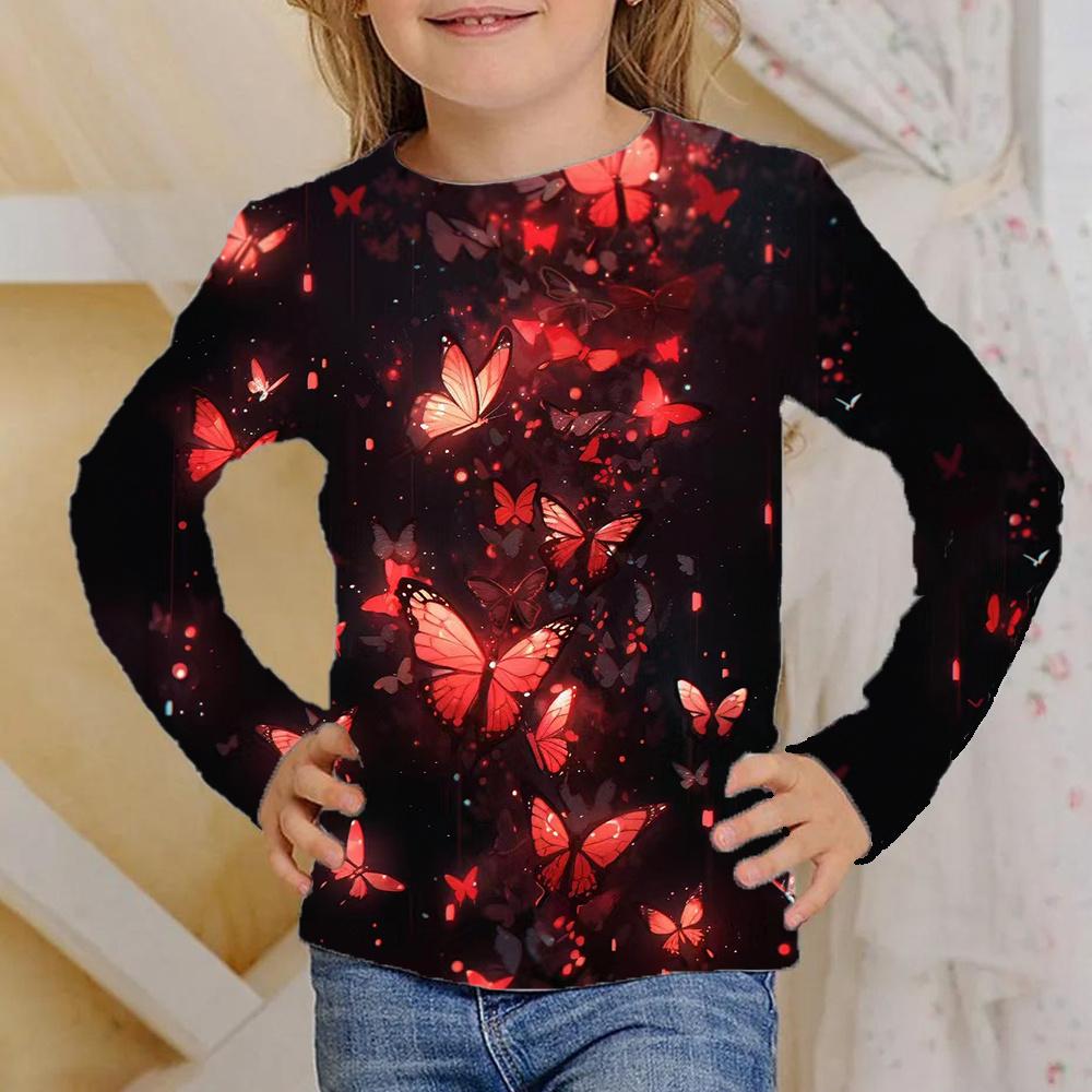 Spring and Autumn Round Neck Butterfly Pattern 3D Printed Top Fashionable Casual Long Sleeved Children's Girl T-shirts