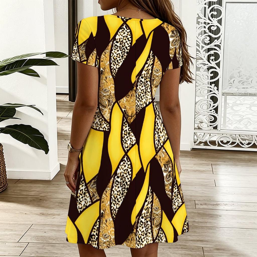 Ladies Oversized V Neck Short Sleeve Dress Tribal Foliage Printed Flowy Dress For Country Tour And Daily Hangout
