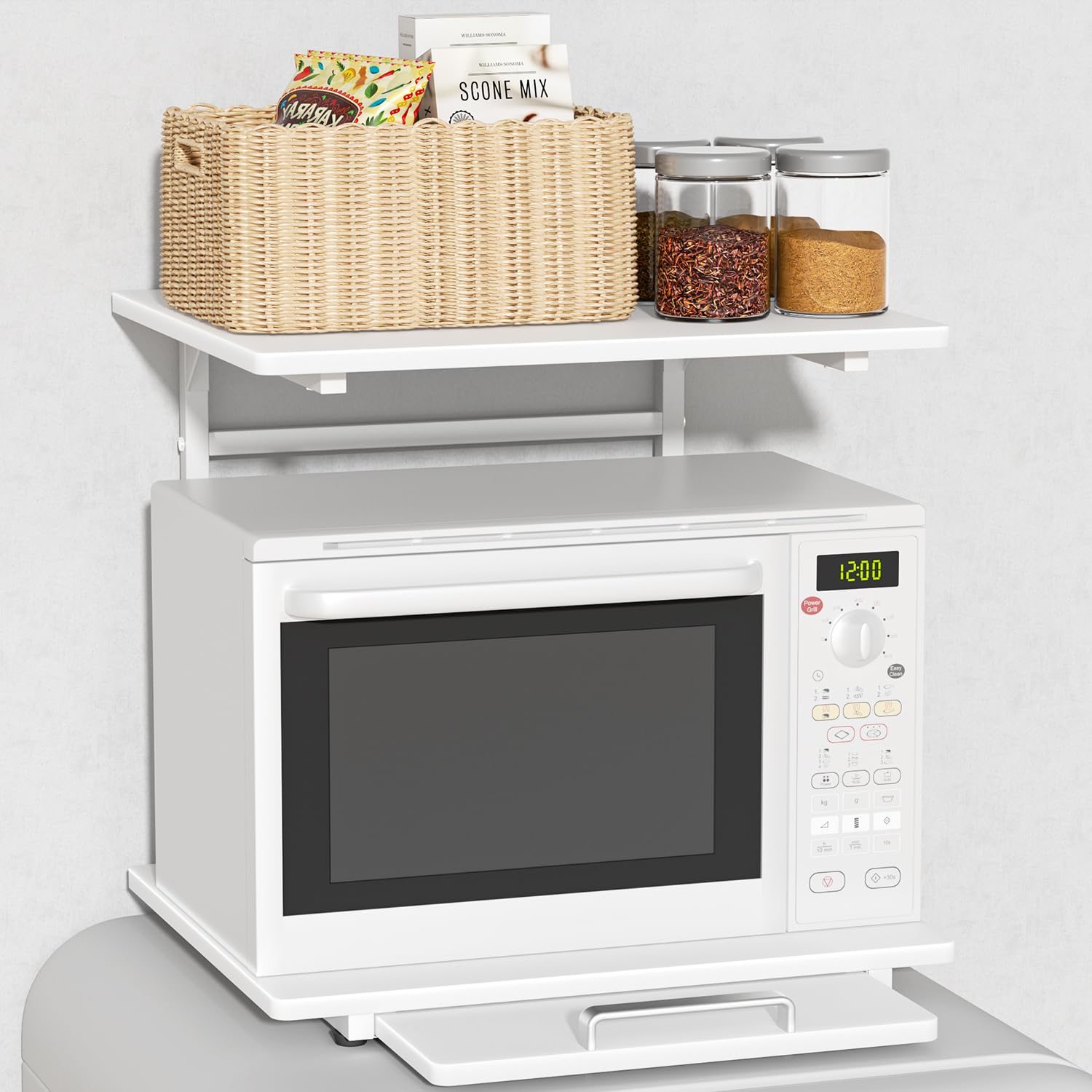 

UTIMIU Микроволновая полка с выдвижной кухонной полкой для хранения посуды Ширина x Глубина x Высота Зазор для микроволновой печи Требуется сборка Полка над холодильником, Полка, белый