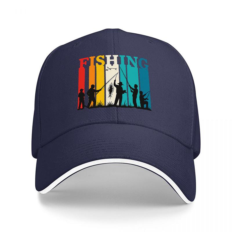 FISHING RETRO SILHOUETTE BASEBALL CAP COLORFUL STRIPES DESIGN Unisex OUTDOOR HAT FISHING ENTHUSIASTS STYLE CLASSIC FIT