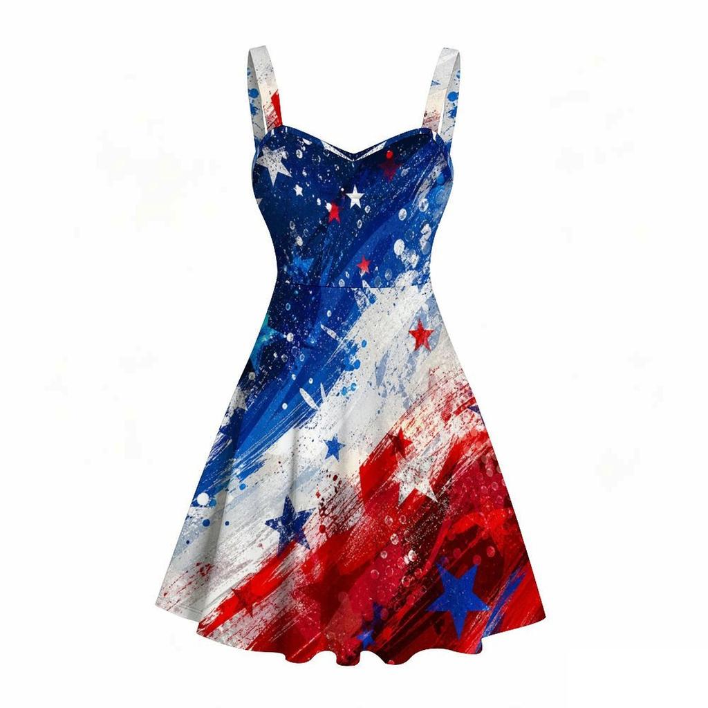 Women Plus Size Off Shoulder Strappy Sleeveless Star Printed Dress Navy Red Gold Flared Hem